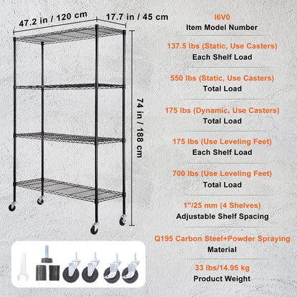 VEVOR Storage Shelving Unit with Wheels, 4-Tier Adjustable, 700 lbs Capacity, Heavy