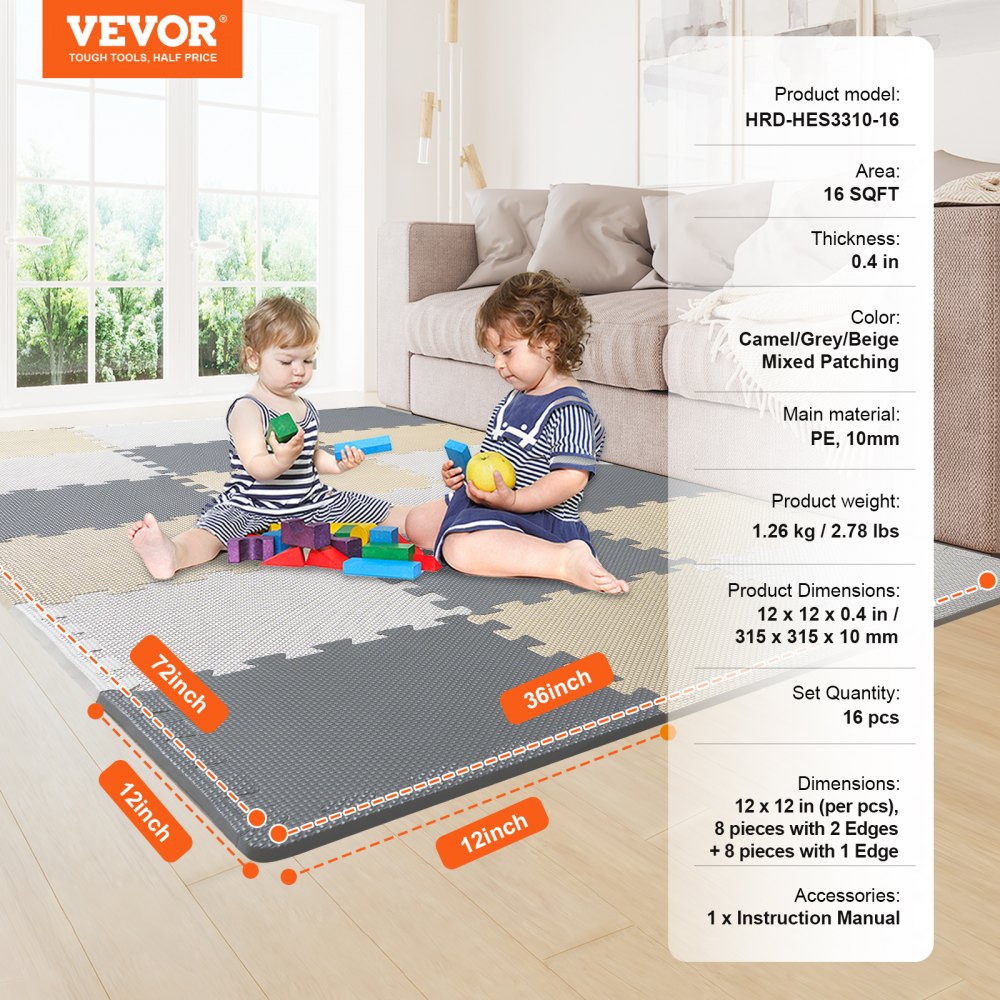 Kids Foam Puzzle Floor Playmat 0.4 in 16 Pcs Interlocking EVA Soft Tiles