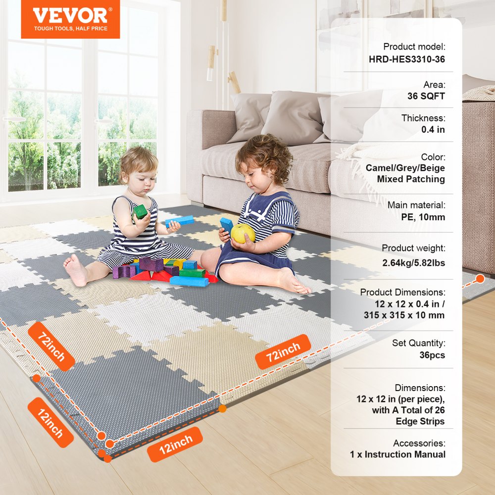 Kids Foam Puzzle Floor Playmat 0.4 in 36 Pcs Interlocking EVA Soft Tiles