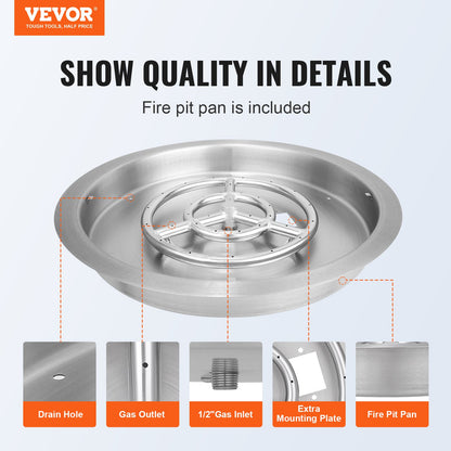VEVOR 19 inch Round Drop-in Fire Pit Pan, Stainless Steel Fire Pit Burner, Natural