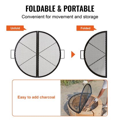 Foldable 91 cm Round Fire Pit Grill Grate, Heavy Duty Steel, Portable BBQ Grid