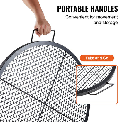 Heavy Duty 76 cm Round Steel Campfire Grill Grate with Handle for Outdoor Cooking