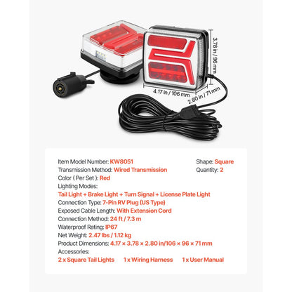 Trailer Lights, 2PCS Square Magnetic LED Trailer Tail Lights Kit with Stop Brake Turn Tail License Lamp, Waterproof Tow Lighting Kit with Wiring Harness for Boat Truck Camper RV Snowmobile Bus