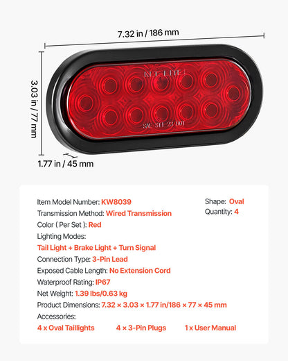 Trailer Lights, 4PCS Oval LED Trailer Tail Lights Kit with Stop Brake Turn Tail Lamp, Waterproof Tow Lighting Kit for Boat Truck Camper RV Snowmobile Bus Caravan, Dual Mounting Options, Red