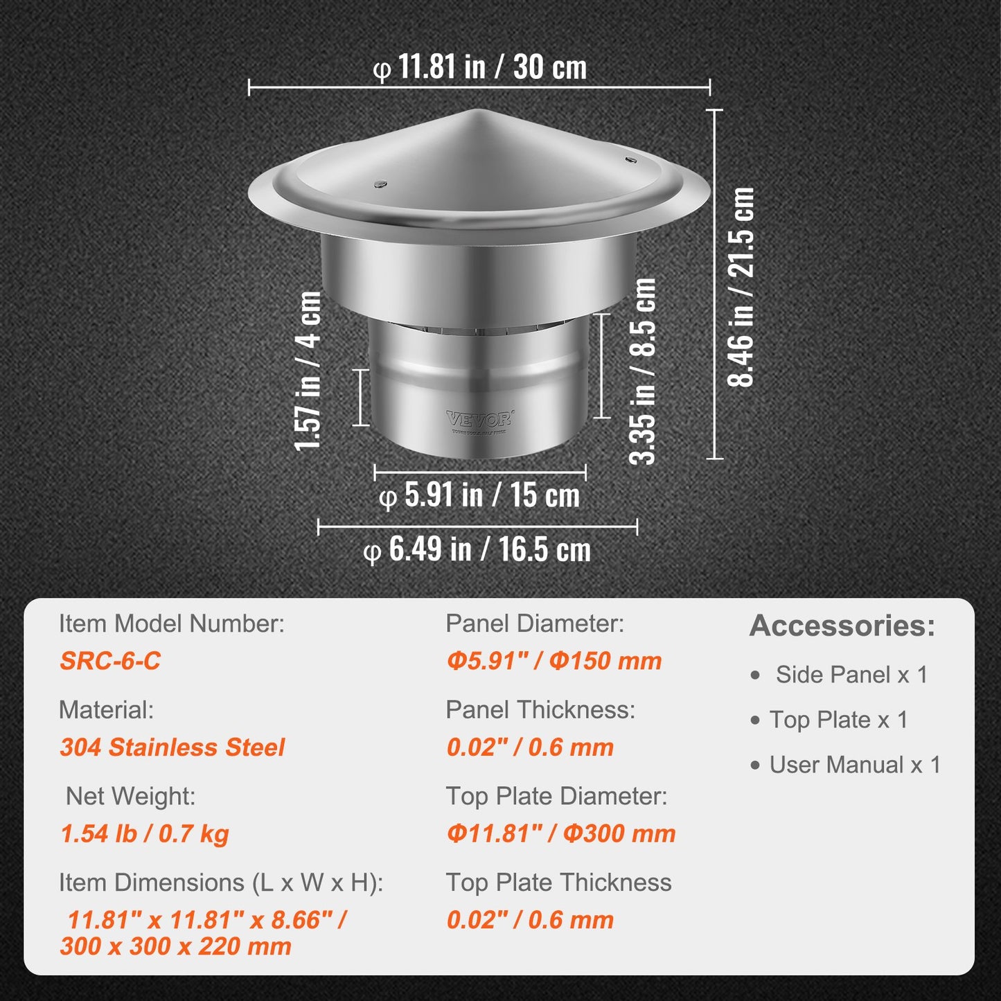 VEVOR Chimney Cap 6-inch 304 Stainless Steel Round Roof Rain Cap Cover Silver