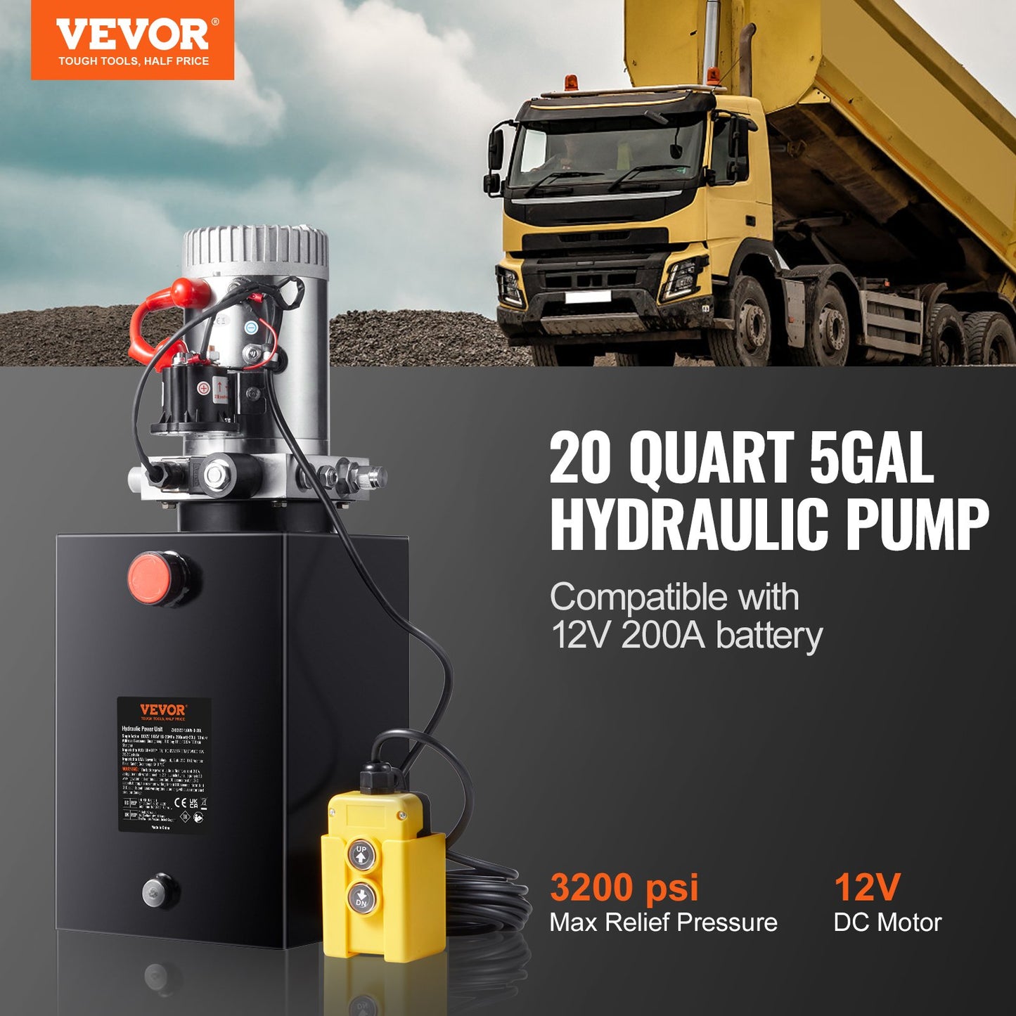 VEVOR Hydraulic Pump, 20 Quart Hydraulic Power Unit, Single Acting Dump Trailer