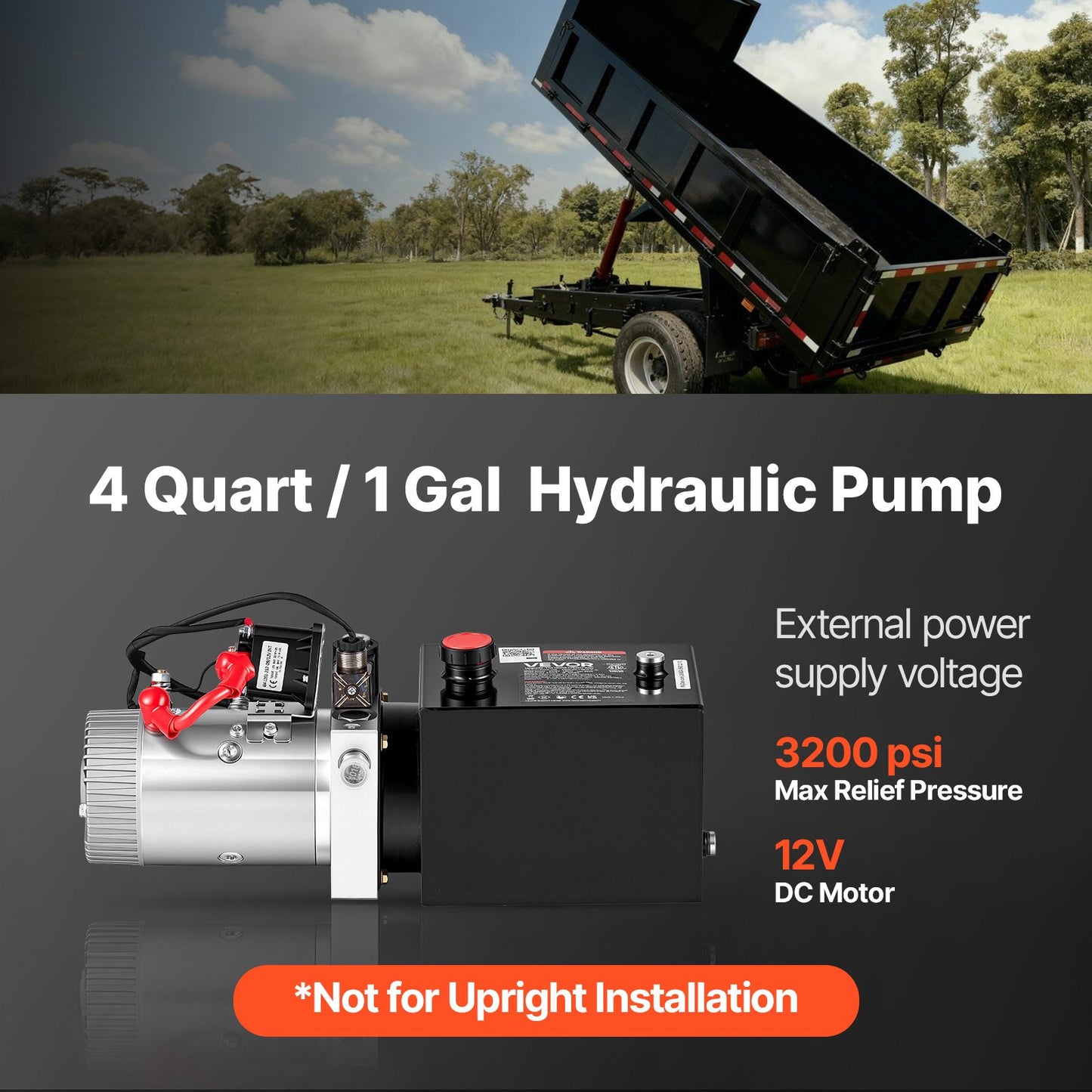 4L Hydraulic Pump, Single Acting Hydraulic Power Unit, 22Mpa Max Relief Pressure, 3.4L/Min Flow Rate, DC12V 1.6KW Hydraulic Power Unit for Dump Trailer Car Lifting (Horizontal Installation)