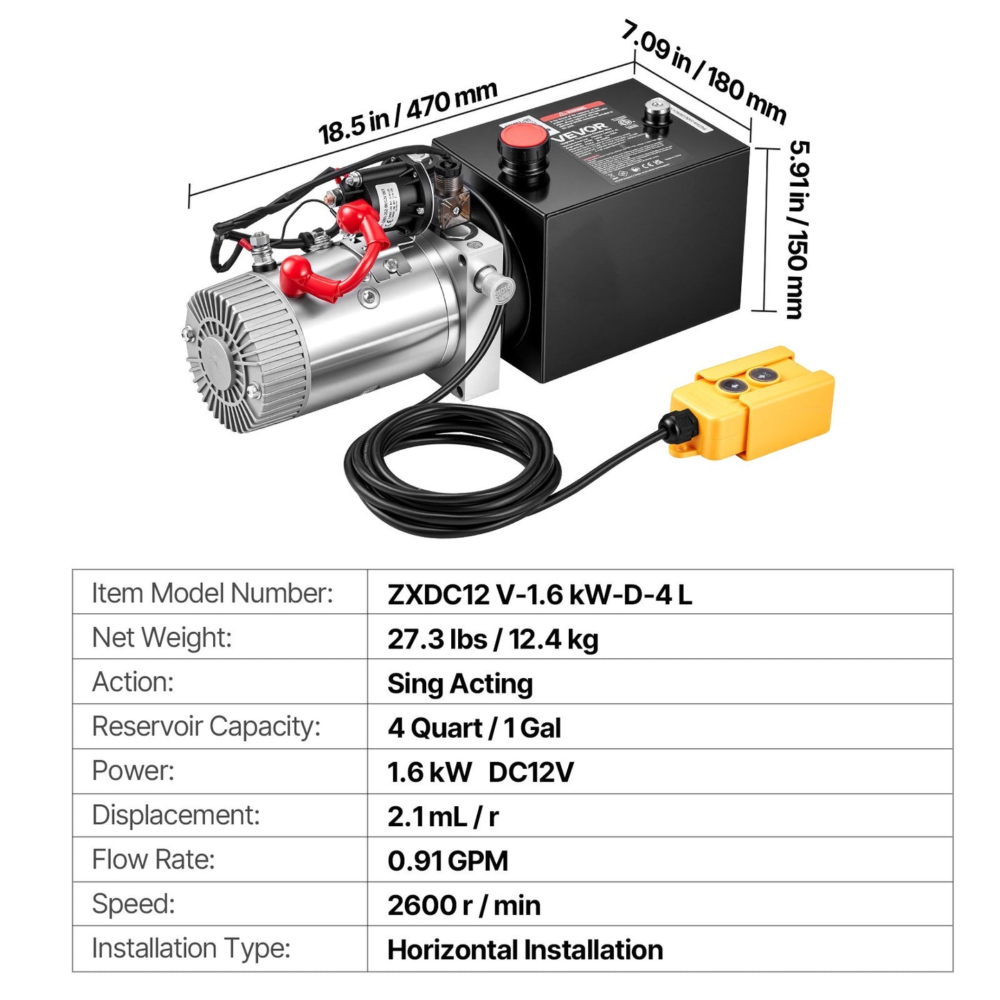 4L Hydraulic Pump, Single Acting Hydraulic Power Unit, 22Mpa Max Relief Pressure, 3.4L/Min Flow Rate, DC12V 1.6KW Hydraulic Power Unit for Dump Trailer Car Lifting (Horizontal Installation)