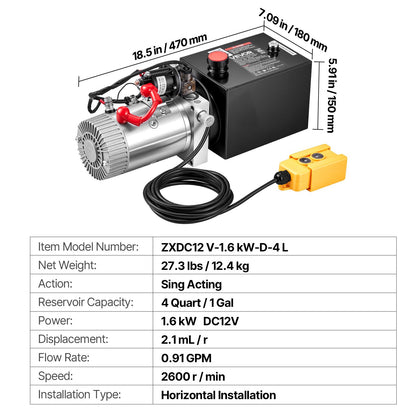 4L Hydraulic Pump, Single Acting Hydraulic Power Unit, 22Mpa Max Relief Pressure, 3.4L/Min Flow Rate, DC12V 1.6KW Hydraulic Power Unit for Dump Trailer Car Lifting (Horizontal Installation)