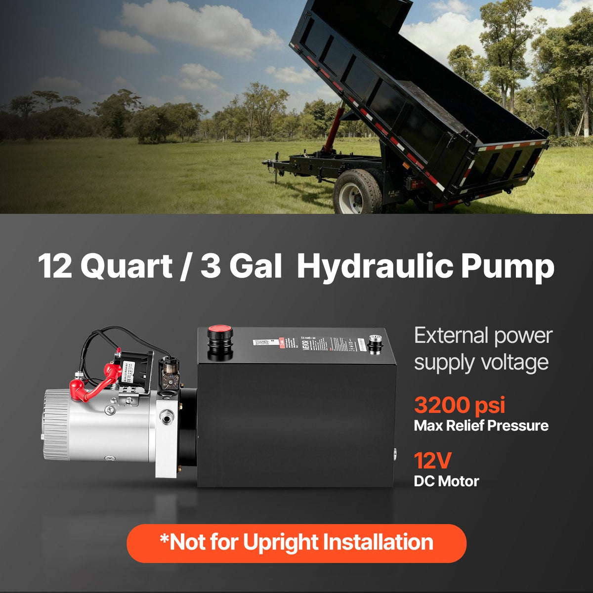 12L Hydraulic Pump, Single Acting Hydraulic Power Unit, 22Mpa Max Relief Pressure, 3.4L/Min Flow Rate, DC12V 1.6KW Hydraulic Power Unit for Dump Trailer Car Lifting (Horizontal Installation)