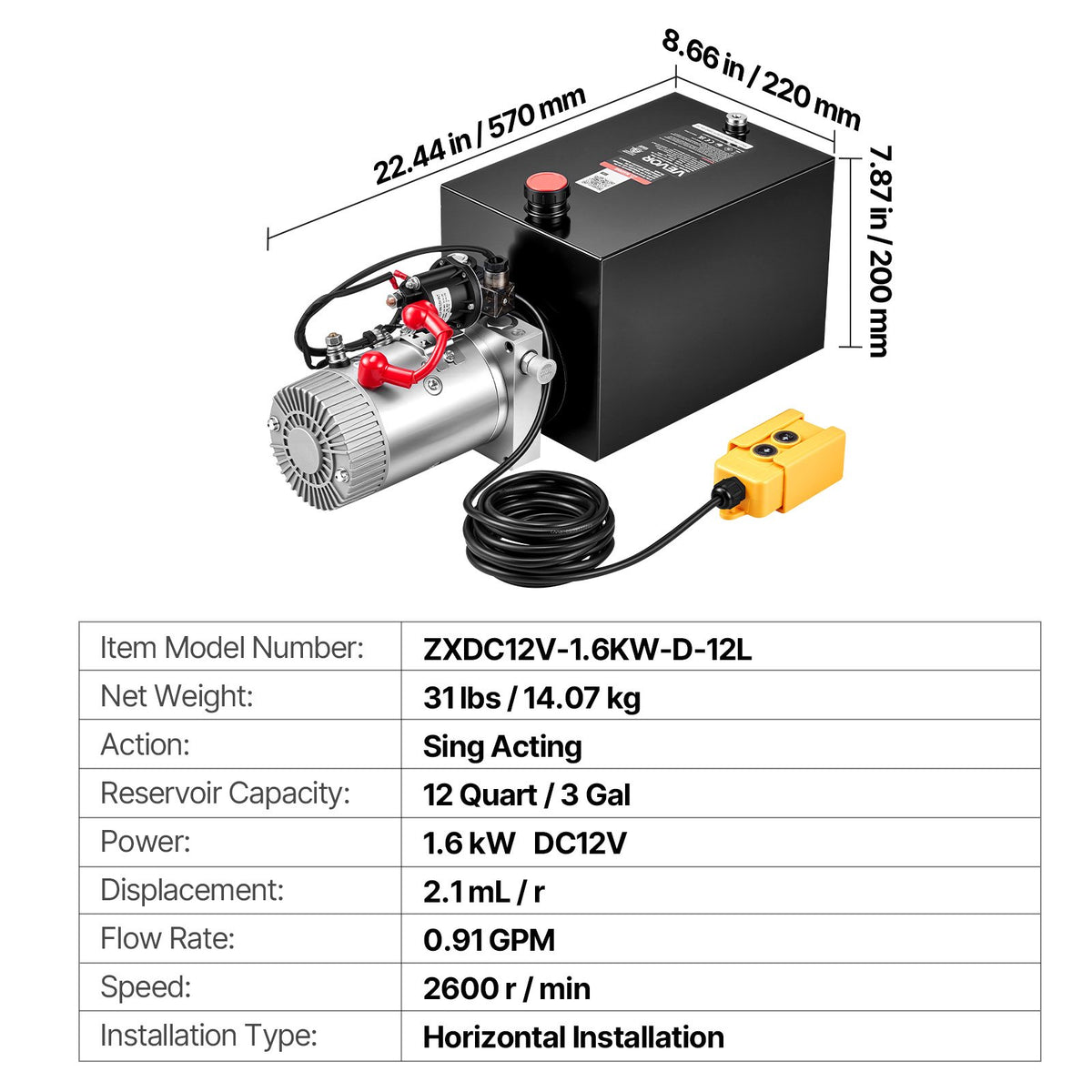 12L Hydraulic Pump, Single Acting Hydraulic Power Unit, 22Mpa Max Relief Pressure, 3.4L/Min Flow Rate, DC12V 1.6KW Hydraulic Power Unit for Dump Trailer Car Lifting (Horizontal Installation)