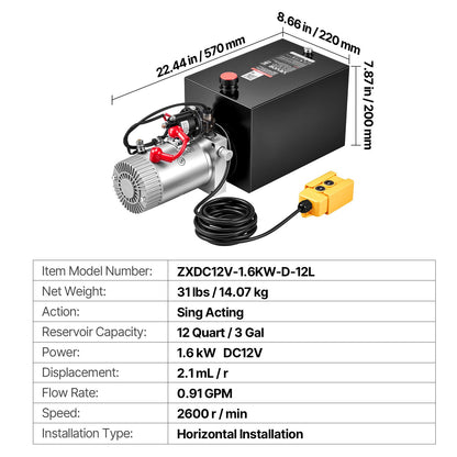 12L Hydraulic Pump, Single Acting Hydraulic Power Unit, 22Mpa Max Relief Pressure, 3.4L/Min Flow Rate, DC12V 1.6KW Hydraulic Power Unit for Dump Trailer Car Lifting (Horizontal Installation)