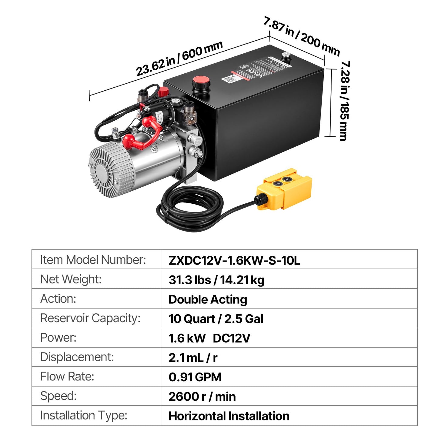 10L Hydraulic Pump, Double Acting Hydraulic Trailer Pump, 22Mpa Max Relief Pressure, 3.4L/Min Flow Rate, DC12V 1.6KW Power Unit for Dump Trailer Car Lifting (Horizontal Installation)