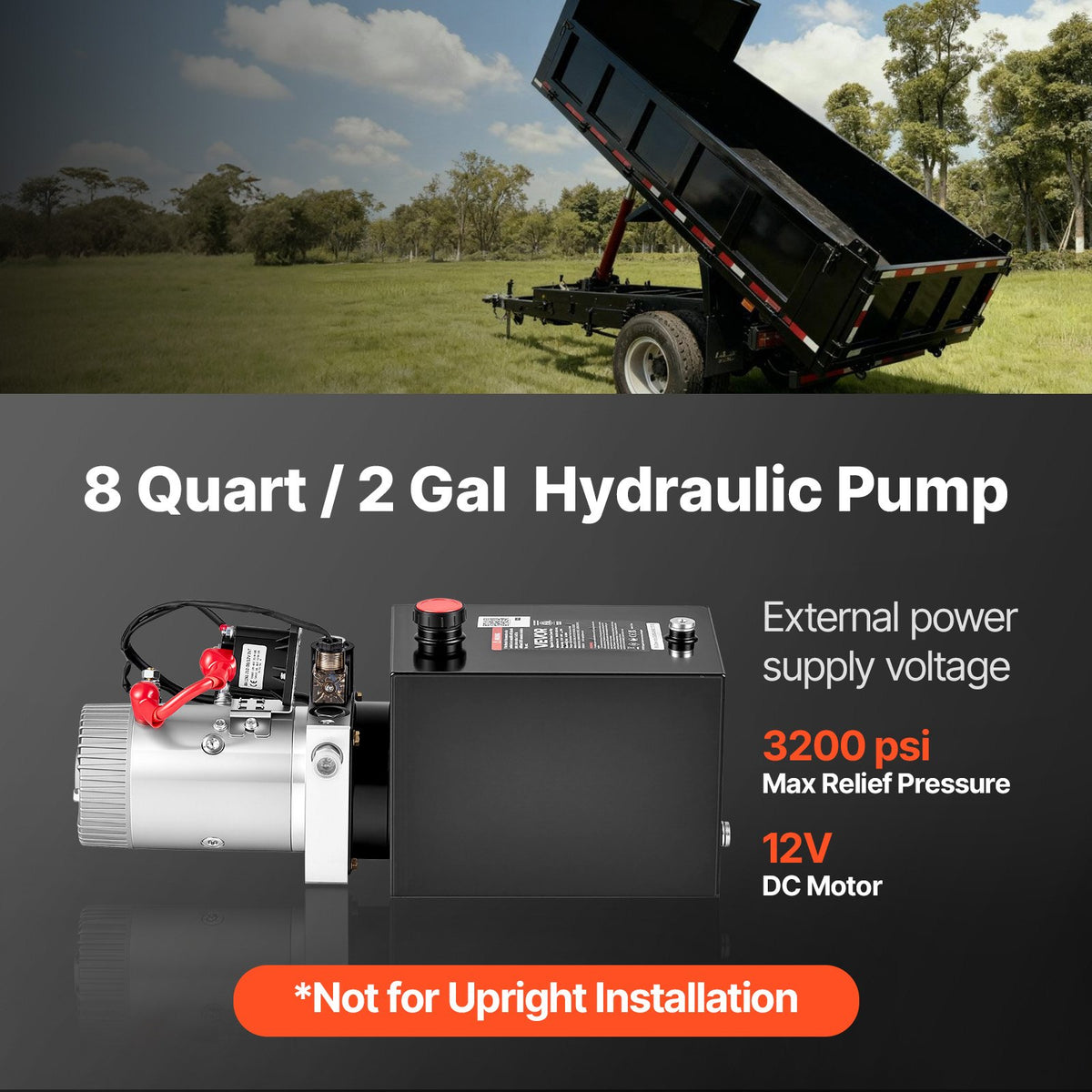 8L Hydraulic Pump, Single Acting Hydraulic Power Unit, 22Mpa Max Relief Pressure, 3.4L/Min Flow Rate, DC12V 1.6KW Hydraulic Power Unit for Dump Trailer Car Lifting (Horizontal Installation)