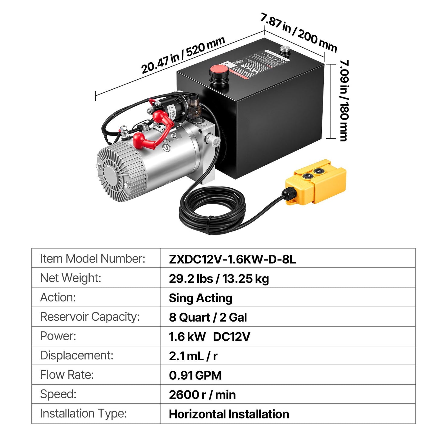 8L Hydraulic Pump, Single Acting Hydraulic Power Unit, 22Mpa Max Relief Pressure, 3.4L/Min Flow Rate, DC12V 1.6KW Hydraulic Power Unit for Dump Trailer Car Lifting (Horizontal Installation)