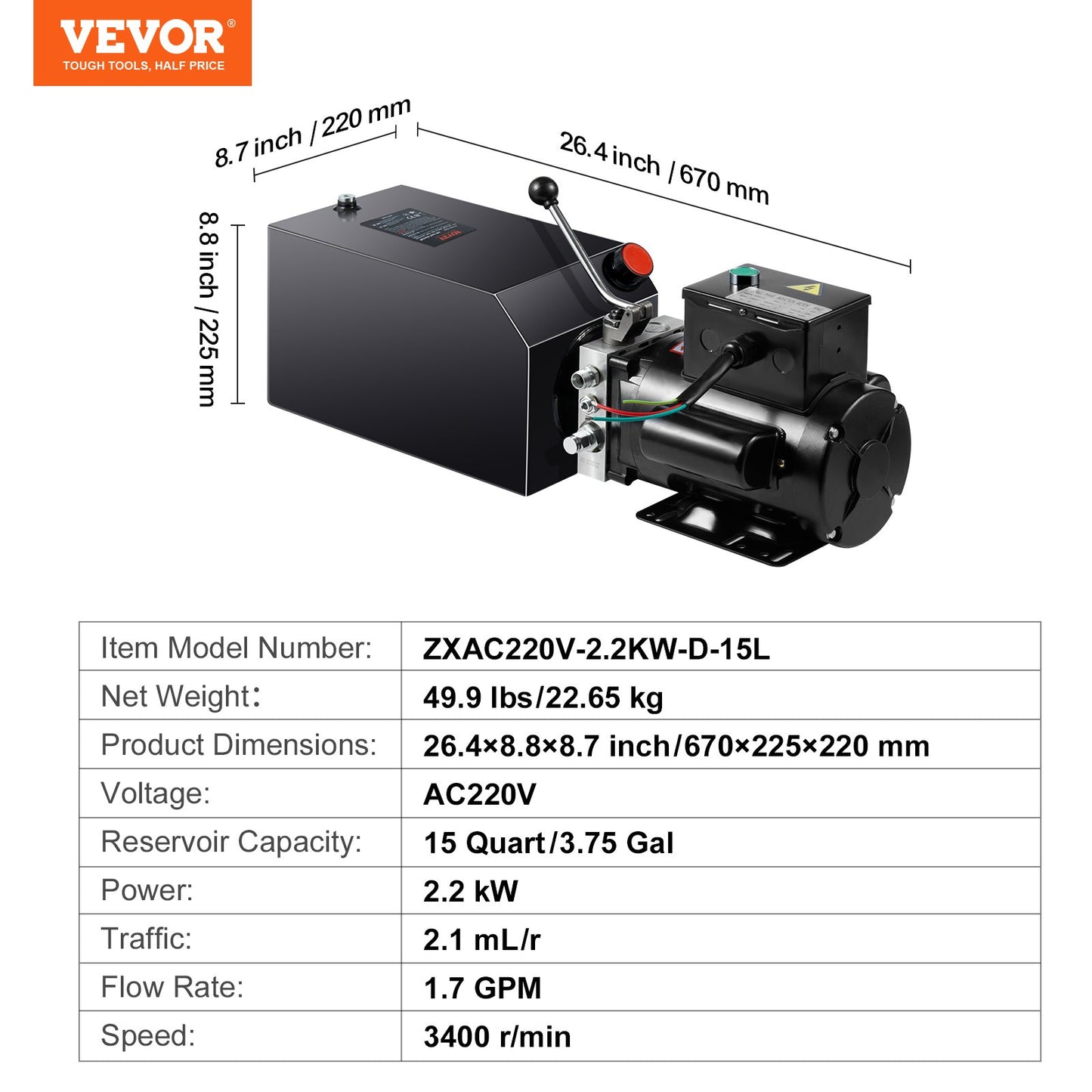 VEVOR Hydraulic Pump, 15 Quart Hydraulic Power Unit, Single Acting Dump Trailer