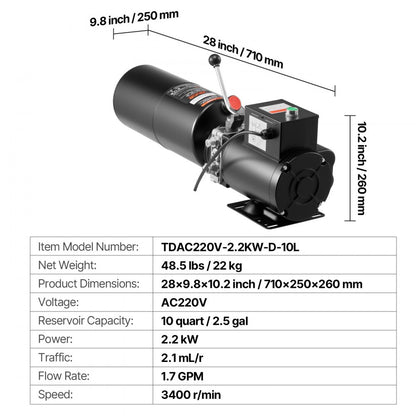 Hydraulic Pump Power Unit AC 220V 10 Quart Single Acting Hydraulic Unit