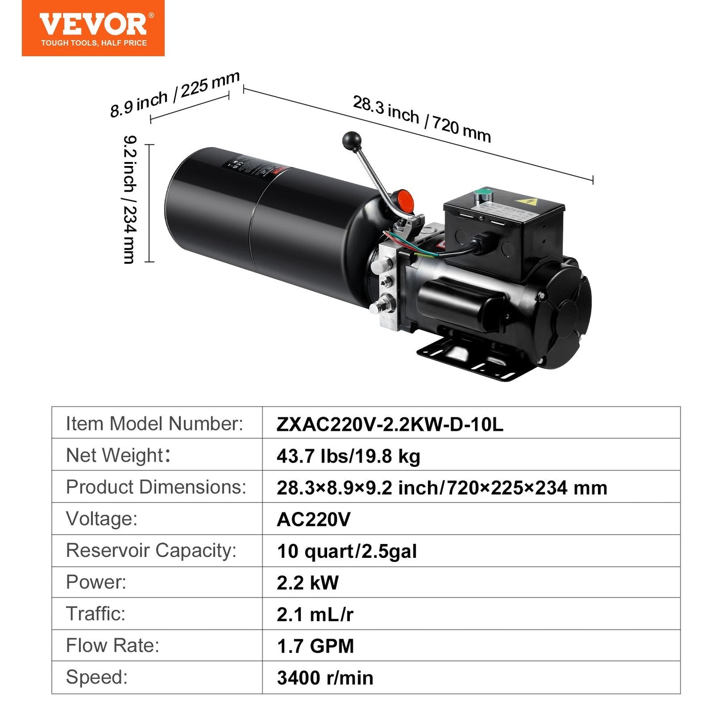 Hydraulic Power Unit, 10L Single Acting Pump for Dump Trailers, 1.7 GPM, 3200 PSI