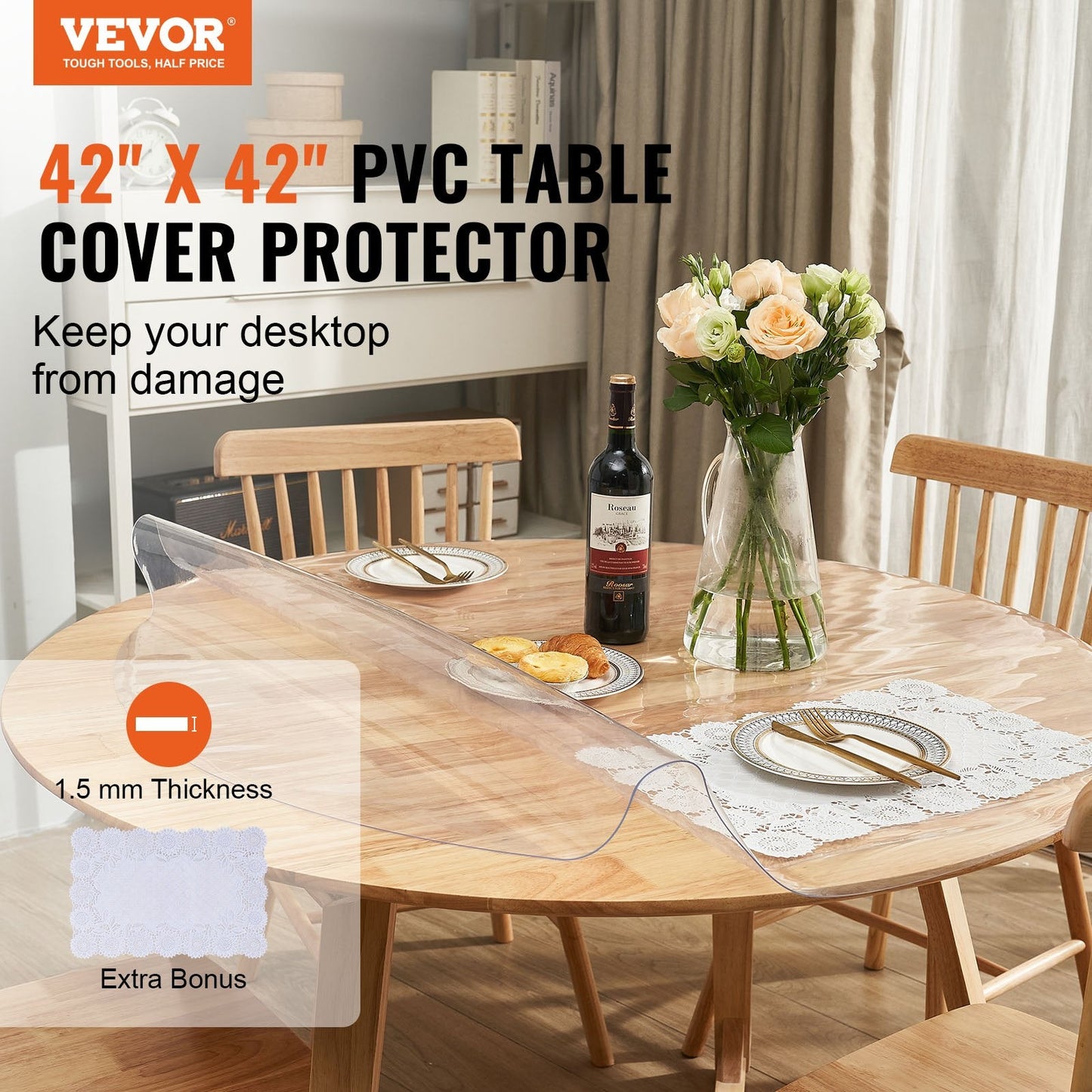 Round Clear Table Protector, 1.07 m Diameter, 1.5 mm Thick, Waterproof PVC Cover