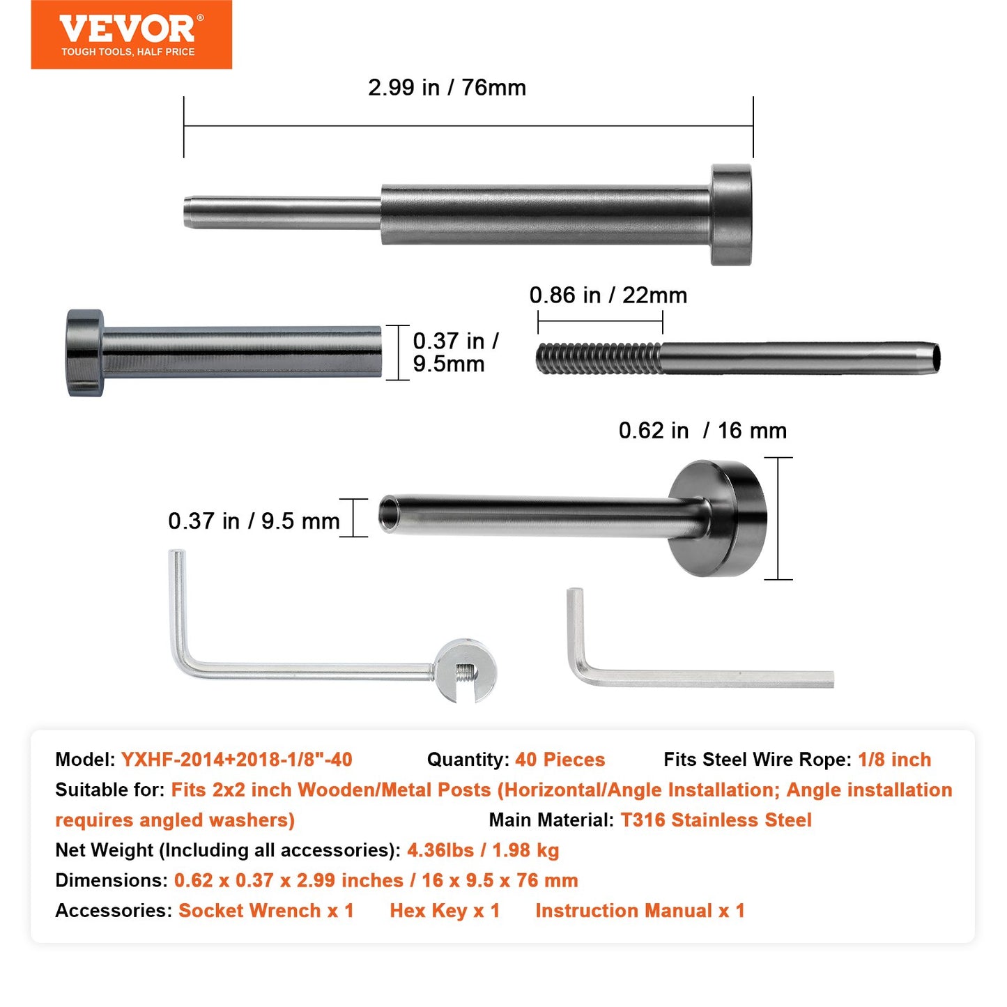 VEVOR 40 Pack Invisible Cable Railing kit, T316 Stainless Steel 3.2mm Invisible
