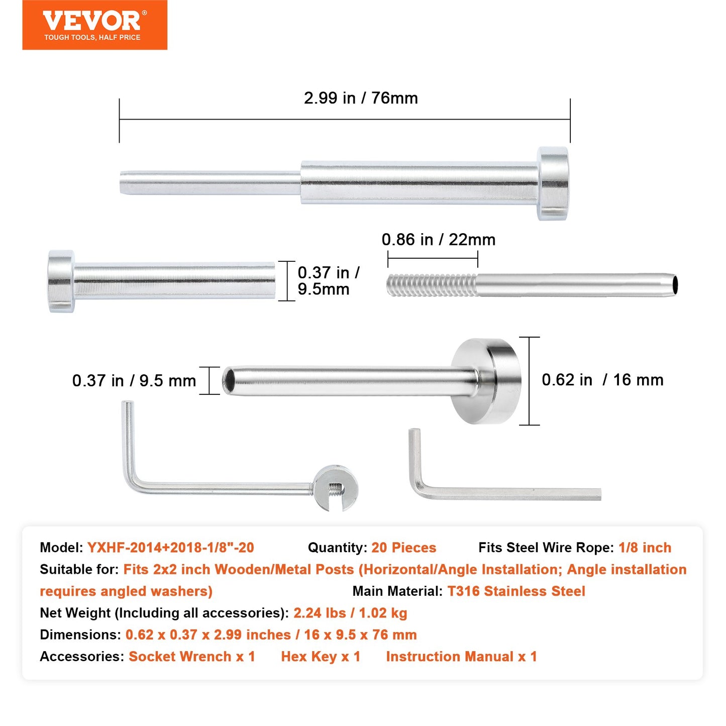VEVOR 20 Pack Invisible Cable Railing kit, T316 Stainless Steel 3.2mm Invisible