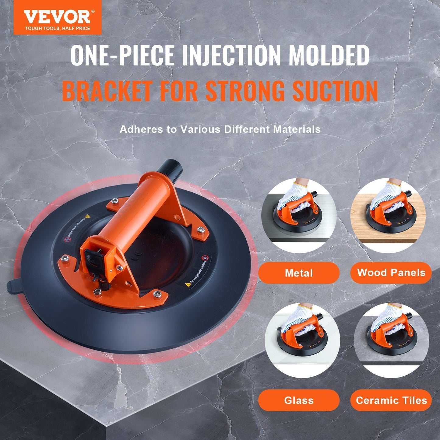 Heavy Duty Vacuum Suction Cup Lifter, 0.25m, 449kg Capacity, Steel Handle