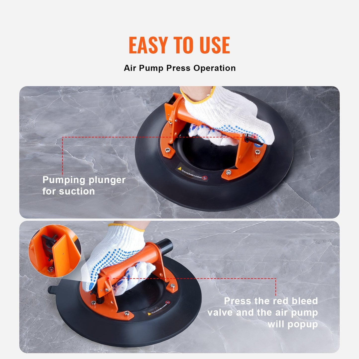 Heavy Duty Vacuum Suction Cup Lifter, 0.25m, 449kg Capacity, Steel Handle