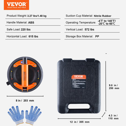 VEVOR Glass Suction Cup, 203 mm 278 kg Capacity, Vacuum Suction Cup with ABS Handle