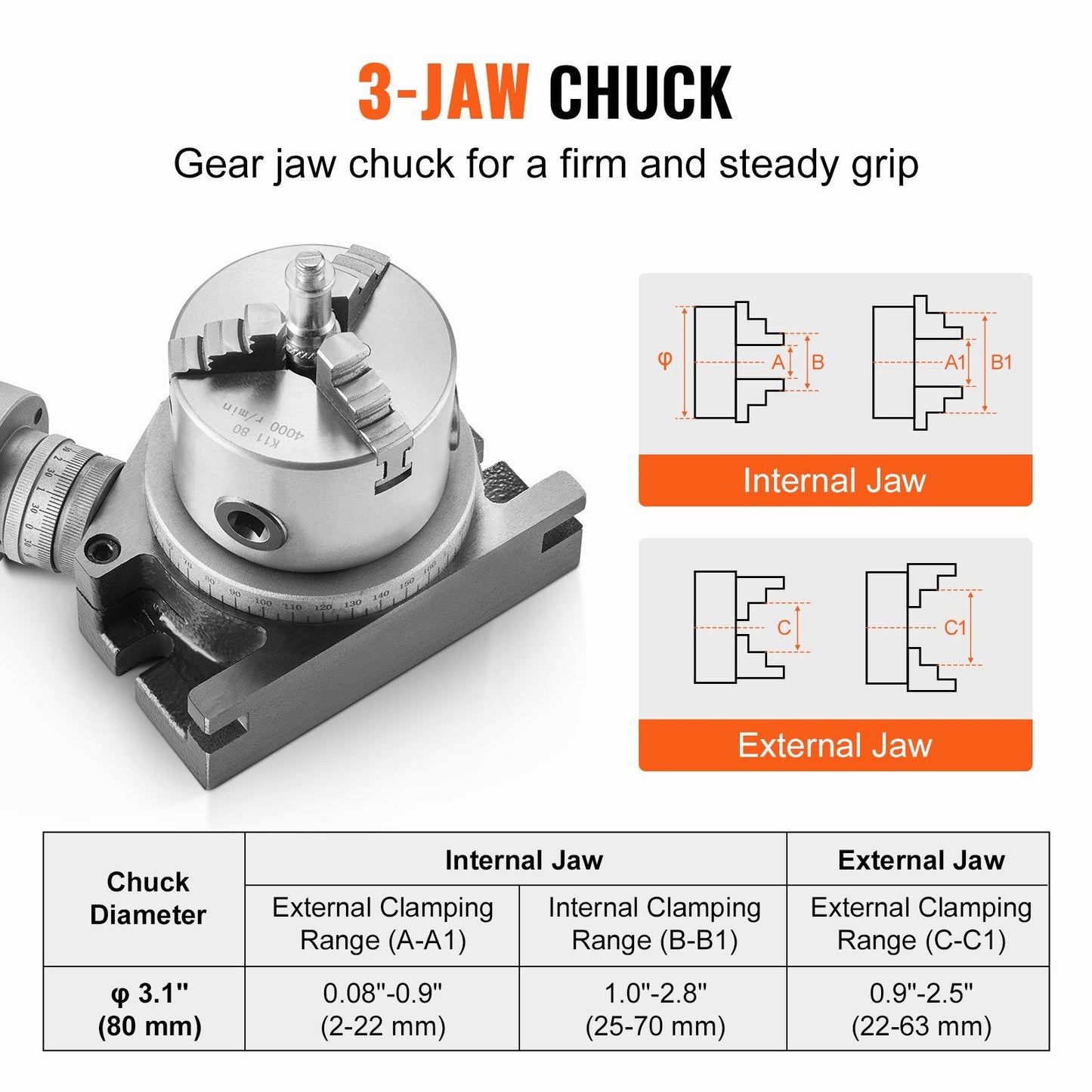 4" (0.1m) Rotary Table with 80mm 3-Jaw Chuck for Milling Machines