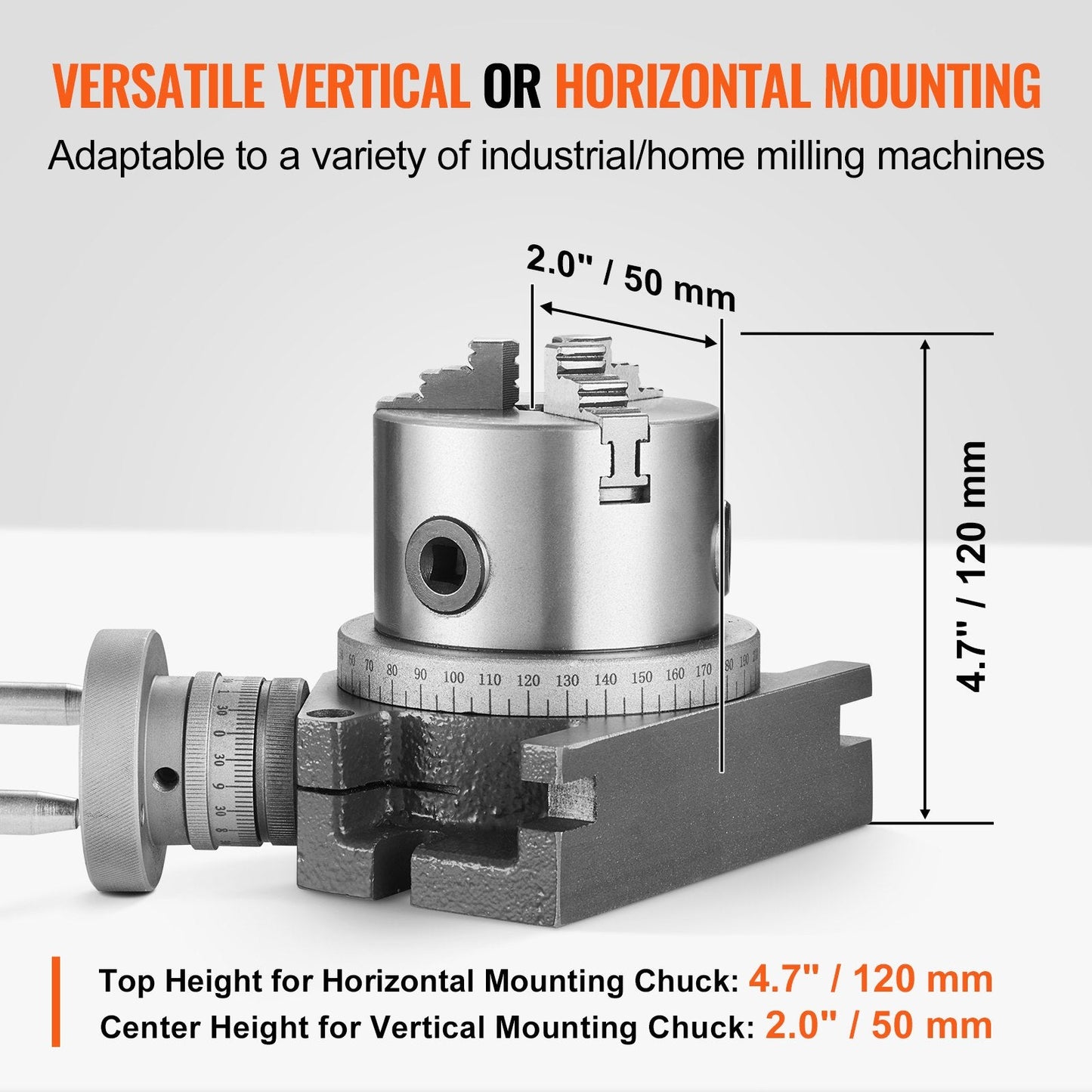 4" (0.1m) Rotary Table with 80mm 3-Jaw Chuck for Milling Machines