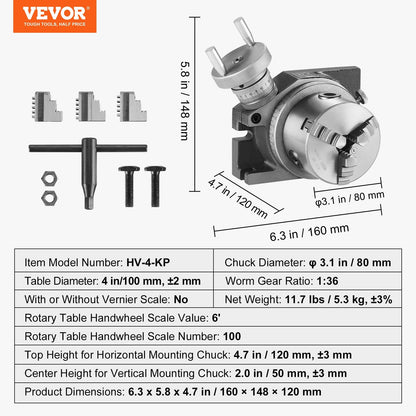 4" (0.1m) Rotary Table with 80mm 3-Jaw Chuck for Milling Machines