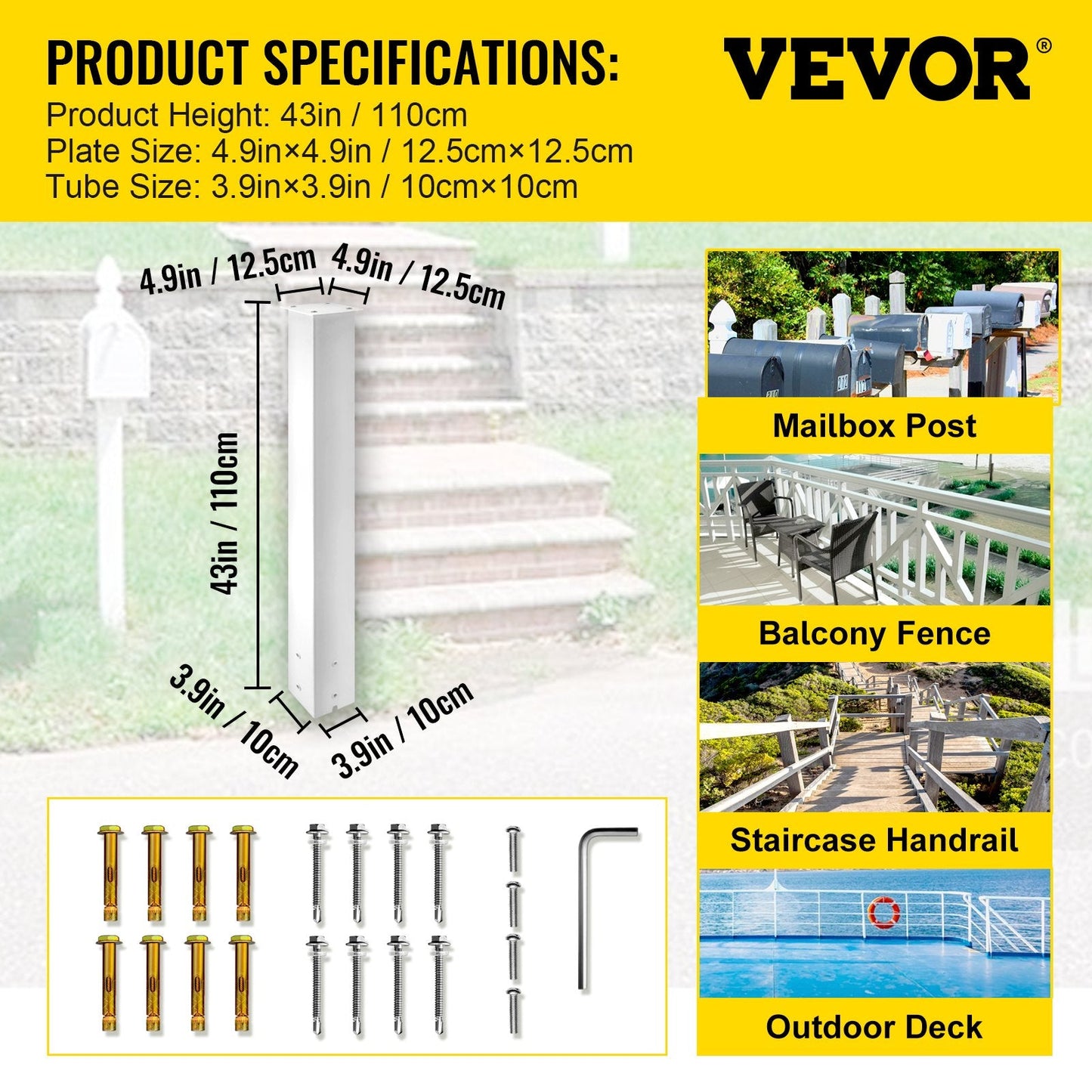 White Powder-Coated Mailbox Stand, 1.09m High Steel Post for Outdoor Use