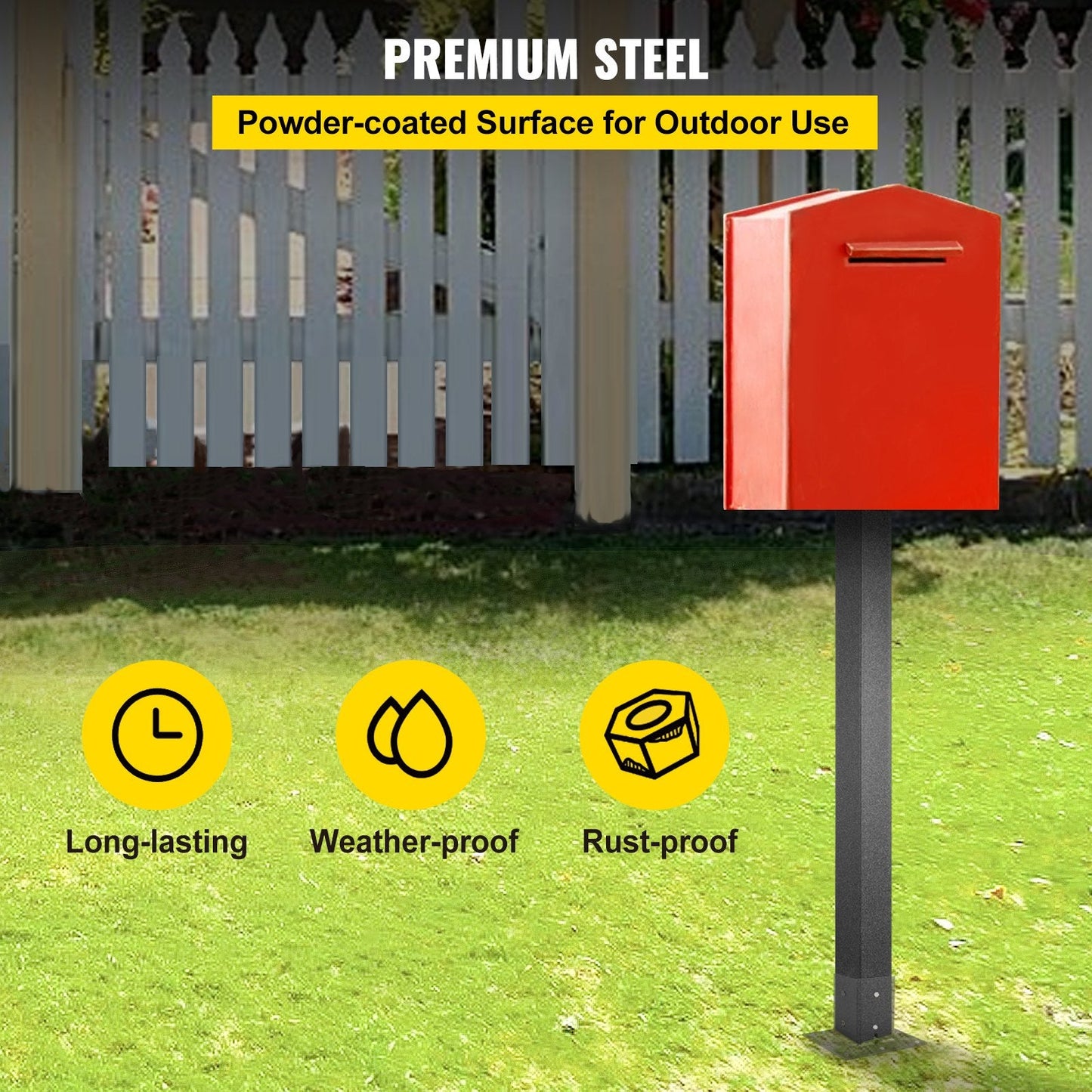 Black Powder-Coated Steel Mailbox Post Stand, 1.09m Height, 4.5kg, Easy Install