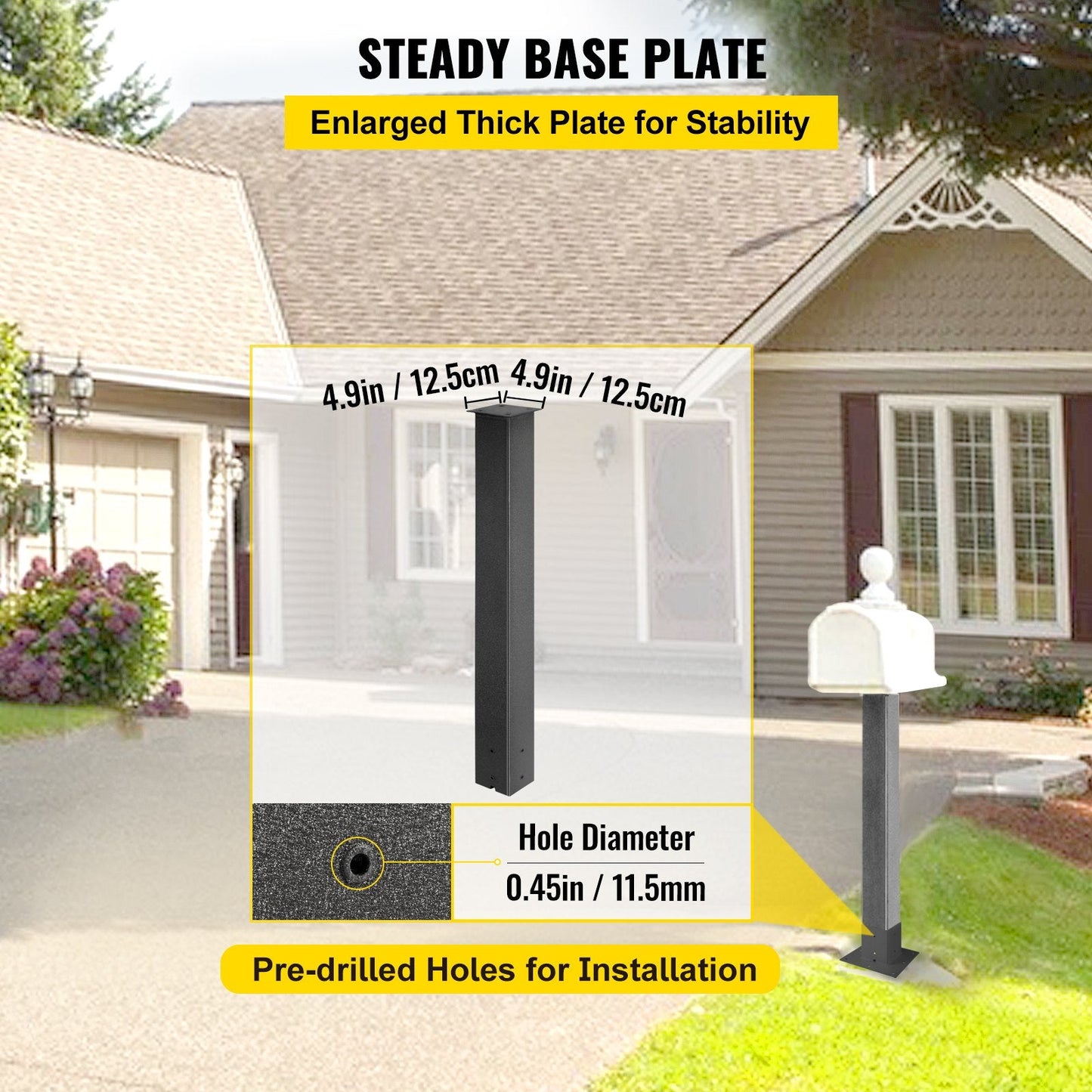 Black Powder-Coated Steel Mailbox Post Stand, 1.09m Height, 4.5kg, Easy Install