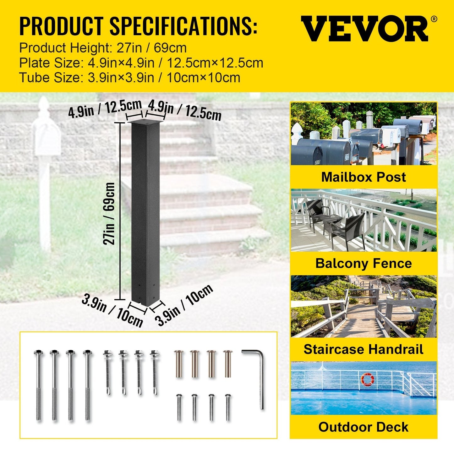 Black Powder-Coated Steel Mailbox Post Stand, 1.09m Height, 4.5kg, Easy Install