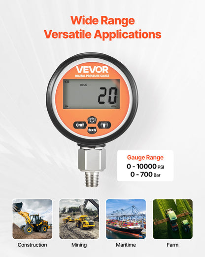 Digital Hydraulic Pressure Gauge, 0-700 Bar (0-10000 PSI) Hydraulic Pressure Sensor, Manometer Tester with NPT Base Entry for Excavator Construction Machinery, Waterproof Stainless Steel Housing