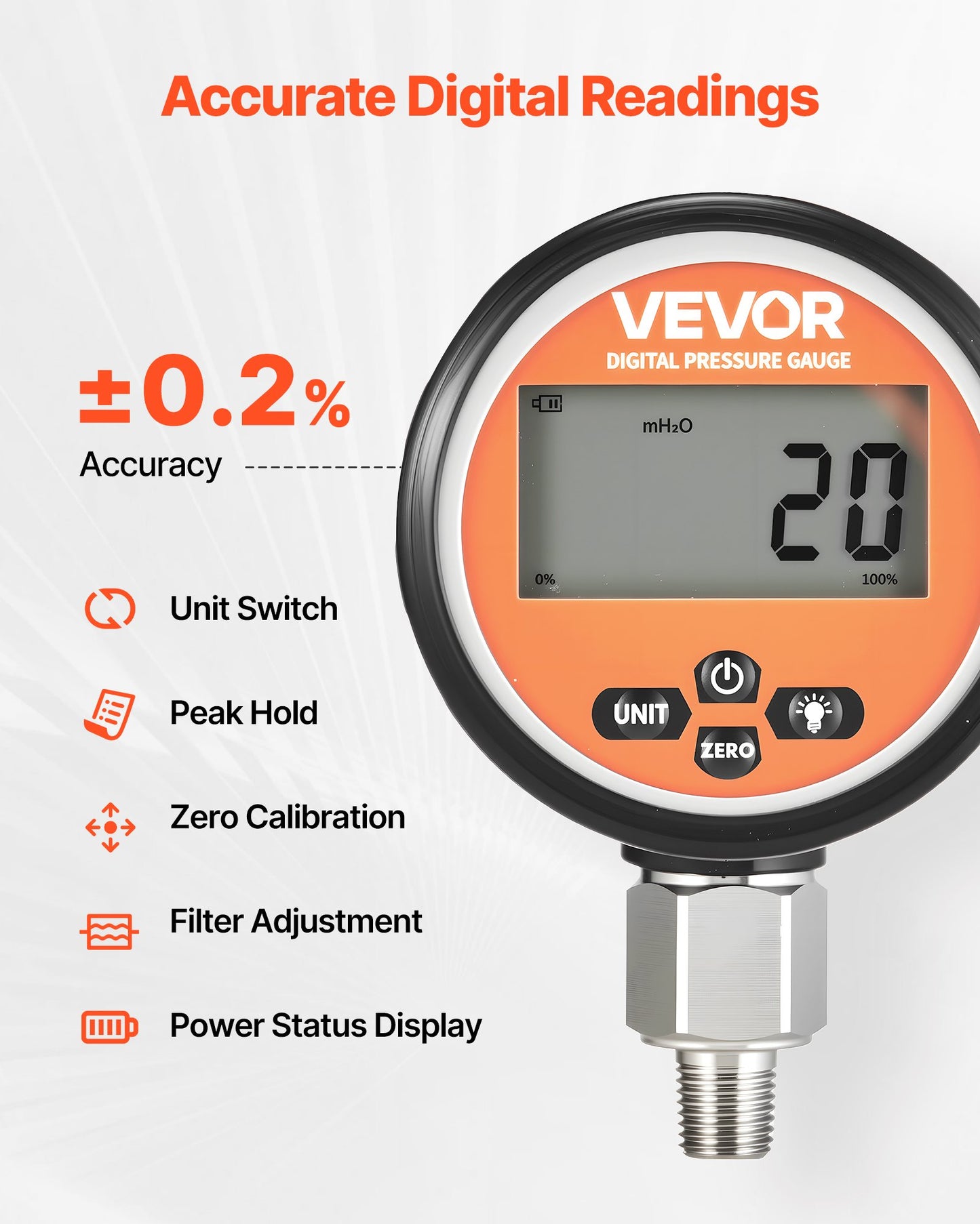 Digital Hydraulic Pressure Gauge, 0-700 Bar (0-10000 PSI) Hydraulic Pressure Sensor, Manometer Tester with NPT Base Entry for Excavator Construction Machinery, Waterproof Stainless Steel Housing