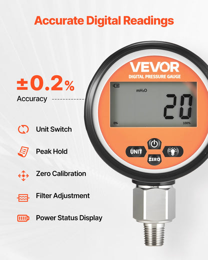Digital Hydraulic Pressure Gauge, 0-700 Bar (0-10000 PSI) Hydraulic Pressure Sensor, Manometer Tester with NPT Base Entry for Excavator Construction Machinery, Waterproof Stainless Steel Housing