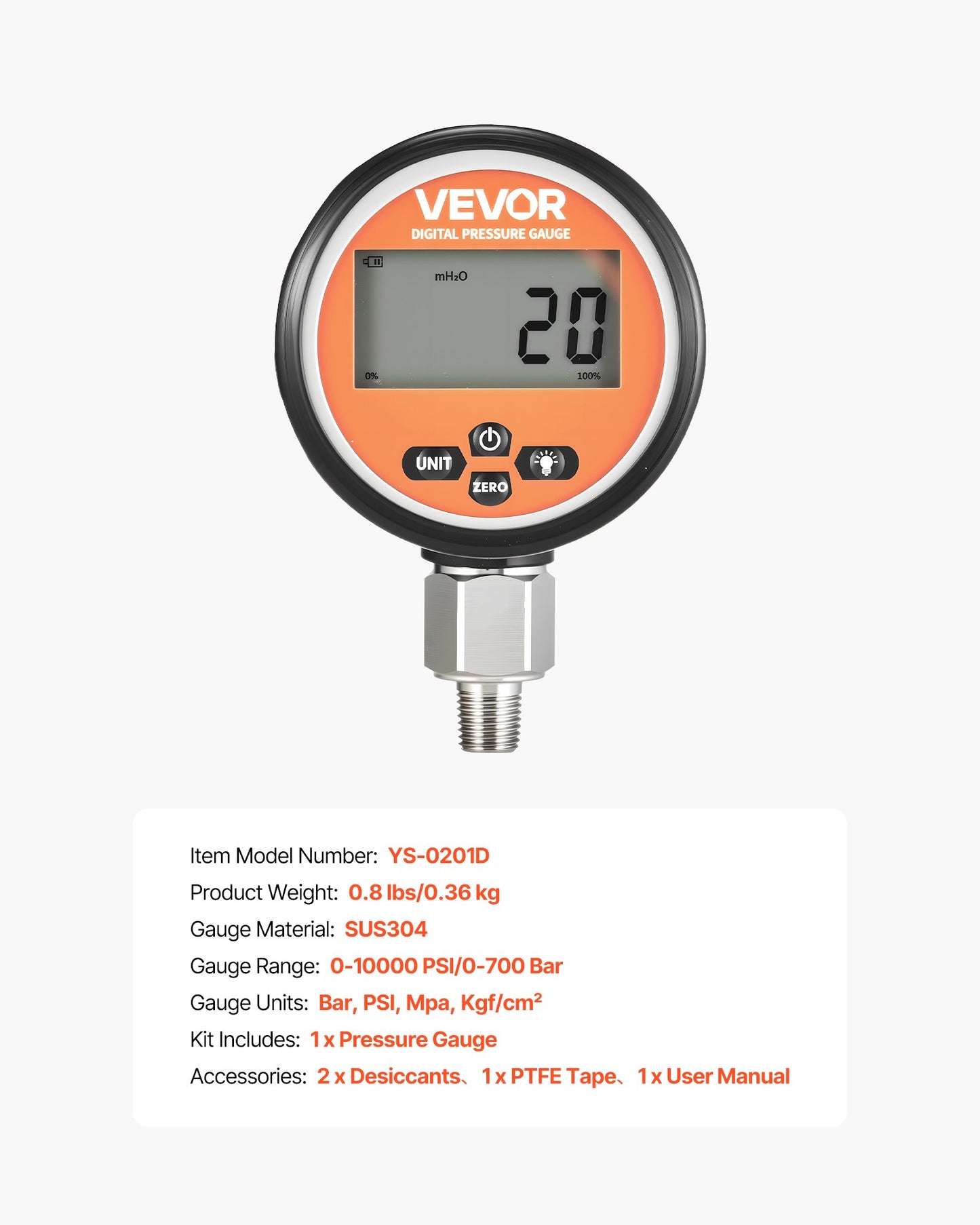 Digital Hydraulic Pressure Gauge, 0-700 Bar (0-10000 PSI) Hydraulic Pressure Sensor, Manometer Tester with NPT Base Entry for Excavator Construction Machinery, Waterproof Stainless Steel Housing