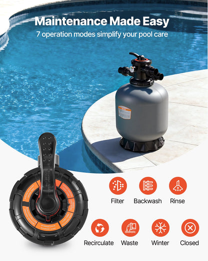 Sand Filter, 457.2 mm, 151.4 LPM Above Inground Swimming Pool Sand Filter System, with 7-Way Multi-Port Valve, Backwash, Rinse, Recirculate, Waste, Winter, Closed Modes, for Above In Ground Pool
