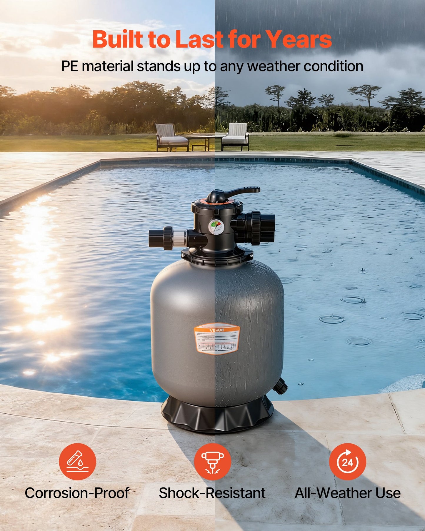 Sand Filter, 457.2 mm, 151.4 LPM Above Inground Swimming Pool Sand Filter System, with 7-Way Multi-Port Valve, Backwash, Rinse, Recirculate, Waste, Winter, Closed Modes, for Above In Ground Pool