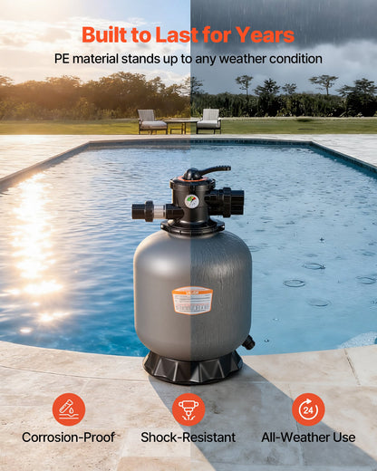 Sand Filter, 457.2 mm, 151.4 LPM Above Inground Swimming Pool Sand Filter System, with 7-Way Multi-Port Valve, Backwash, Rinse, Recirculate, Waste, Winter, Closed Modes, for Above In Ground Pool