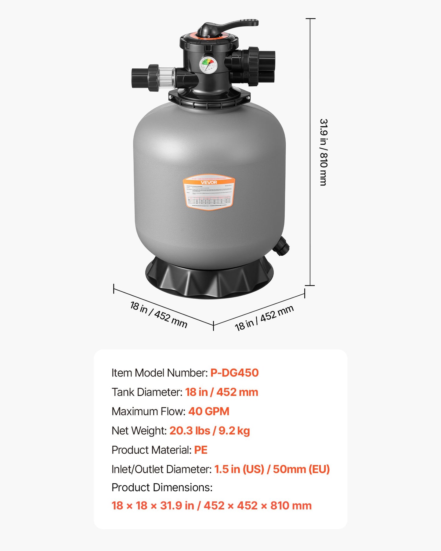 Sand Filter, 457.2 mm, 151.4 LPM Above Inground Swimming Pool Sand Filter System, with 7-Way Multi-Port Valve, Backwash, Rinse, Recirculate, Waste, Winter, Closed Modes, for Above In Ground Pool