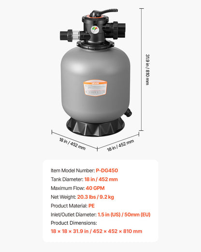 Sand Filter, 457.2 mm, 151.4 LPM Above Inground Swimming Pool Sand Filter System, with 7-Way Multi-Port Valve, Backwash, Rinse, Recirculate, Waste, Winter, Closed Modes, for Above In Ground Pool