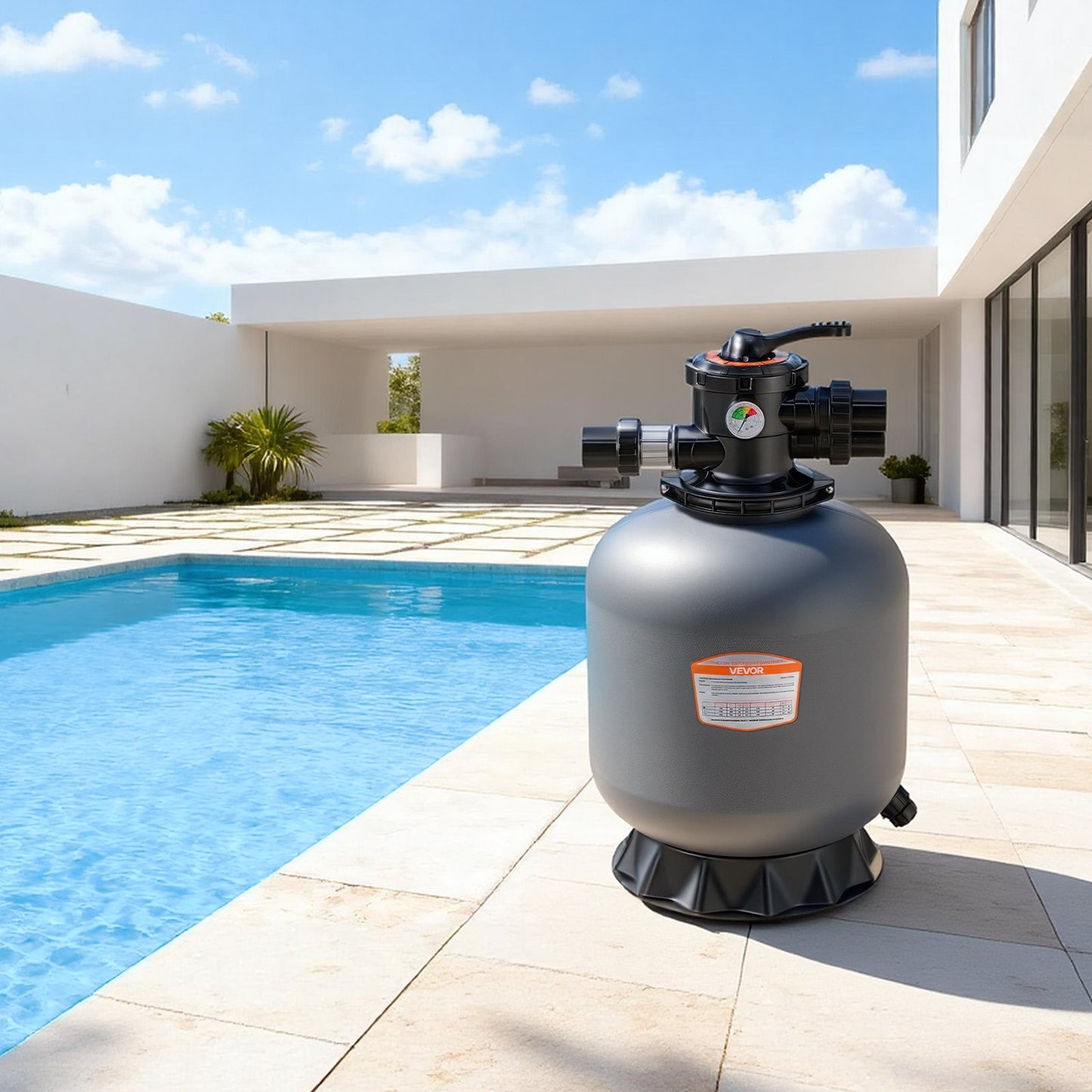 Sand Filter, 457.2 mm, 151.4 LPM Above Inground Swimming Pool Sand Filter System, with 7-Way Multi-Port Valve, Backwash, Rinse, Recirculate, Waste, Winter, Closed Modes, for Above In Ground Pool