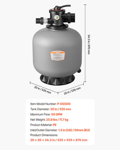 Sand Filter, 508 mm, 189.3 LPM Above Inground Swimming Pool Sand Filter System, with 7-Way Multi-Port Valve, Backwash, Rinse, Recirculate, Waste, Winter, Closed Modes, for Above In Ground Pools