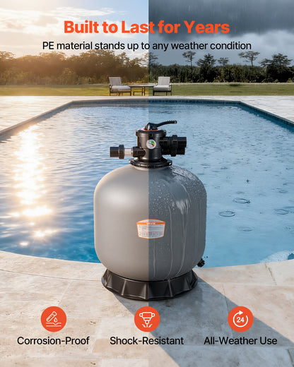 Sand Filter, 609.6 mm, 246.1 LPM Above Inground Swimming Pool Sand Filter System, with 7-Way Multi-Port Valve, Backwash, Rinse, Recirculate, Waste, Winter, Closed Modes, for Above In Ground Pool