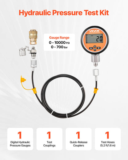 Digital Hydraulic Pressure Test Coupling Kit, 700 Bar Pressure Gauge Manometer Tester with 1 Gauge, 1 Test Coupling, 1 Quick-Release Coupler, and 1 Hose for Excavator Construction Machinery