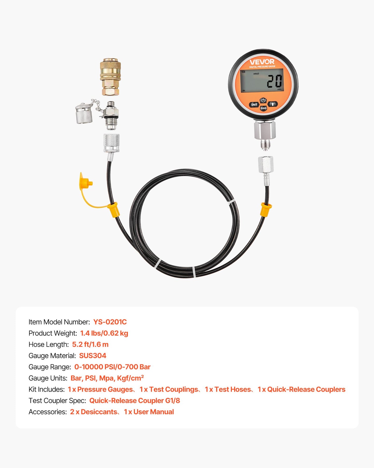 Digital Hydraulic Pressure Test Coupling Kit, 700 Bar Pressure Gauge Manometer Tester with 1 Gauge, 1 Test Coupling, 1 Quick-Release Coupler, and 1 Hose for Excavator Construction Machinery
