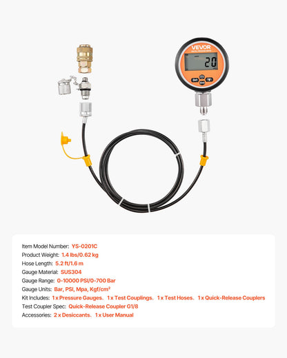 Digital Hydraulic Pressure Test Coupling Kit, 700 Bar Pressure Gauge Manometer Tester with 1 Gauge, 1 Test Coupling, 1 Quick-Release Coupler, and 1 Hose for Excavator Construction Machinery